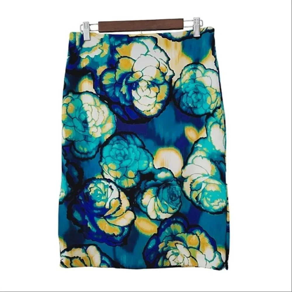 Worthington Julia Teal Floral Patterned Side Zip Pencil Skirt Size 8